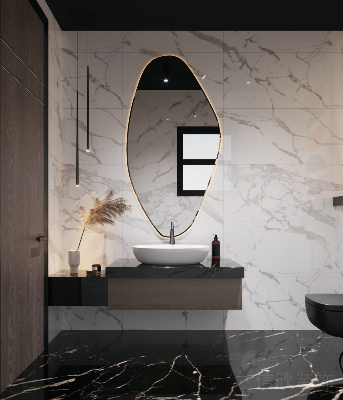 鏡面環(huán)形不規(guī)則燈飾效果大理石白色設(shè)計意大利瓷磚洗手臺辦公室效果