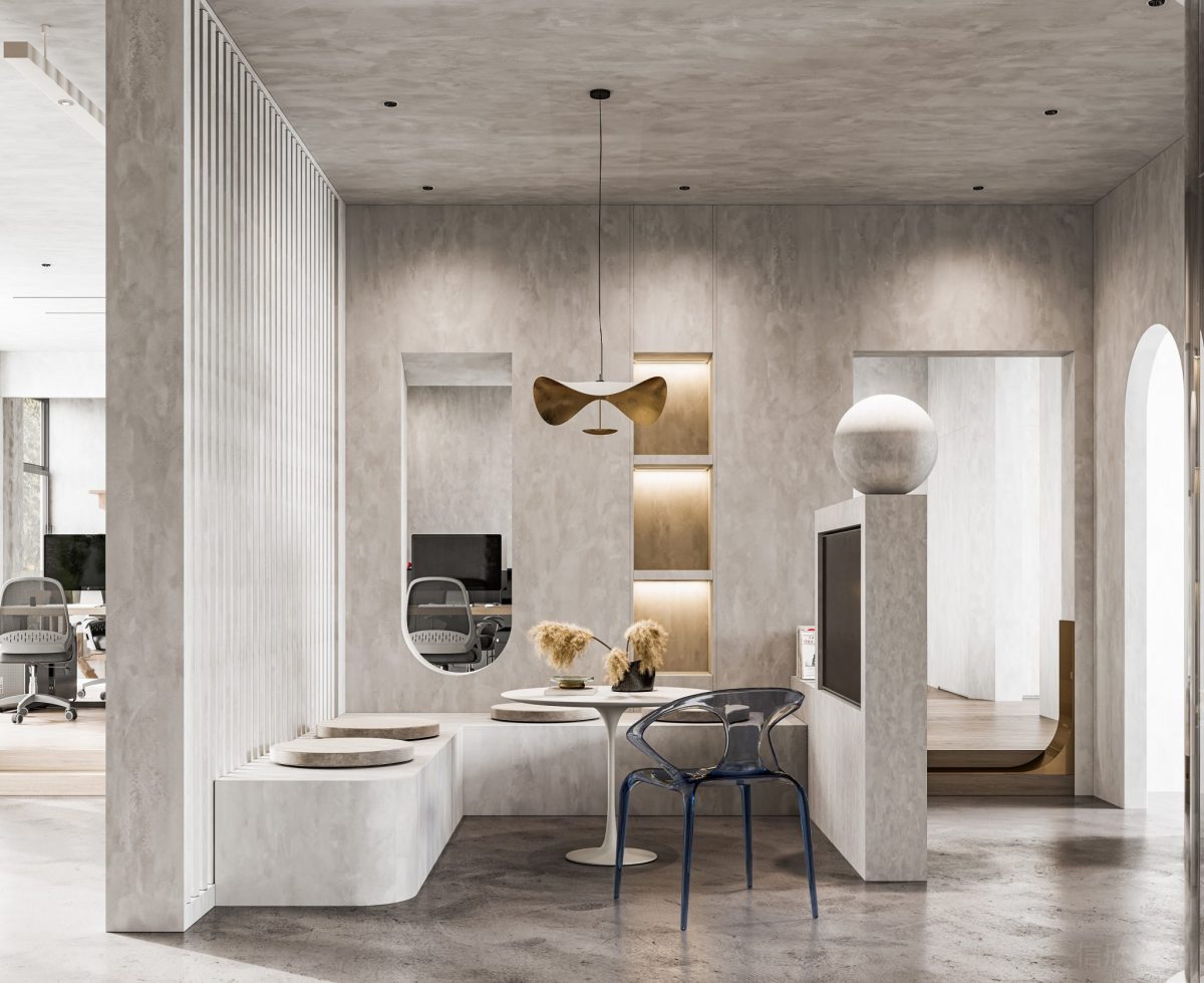 金色鎏金金屬天花吊頂燈飾設(shè)計(jì)亞克力設(shè)計(jì)座椅煥新員工休息區(qū)裝修灰色墻體隔斷效果