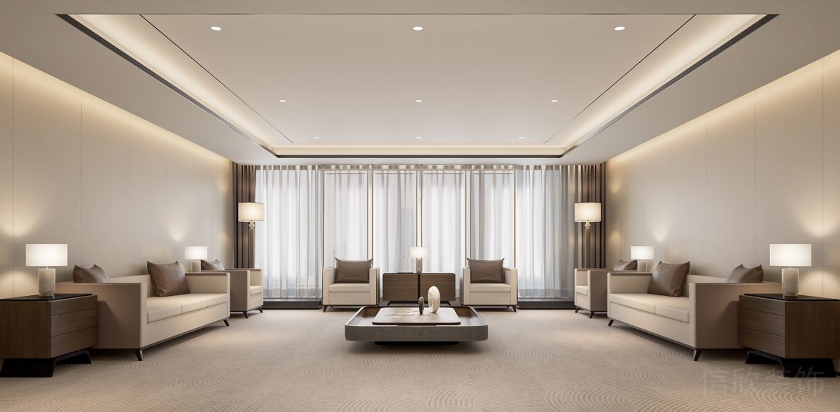 卡其色環(huán)形座椅效果玻璃隔斷效果會(huì)議室中式效果