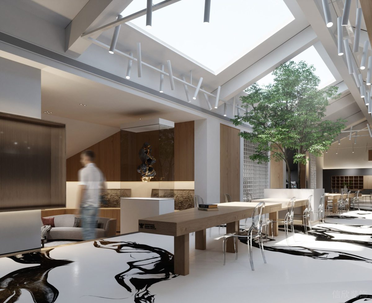 綠化會議室裝修設(shè)計木飾面亞克力透明座椅效果天花玻璃隔斷設(shè)計天井效果