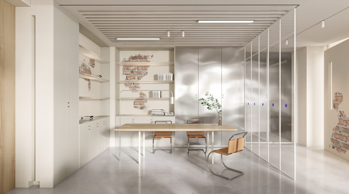 鋁合金置物柜設(shè)計原木極簡風桌椅裝修辦公室員工休息區(qū)效果圖