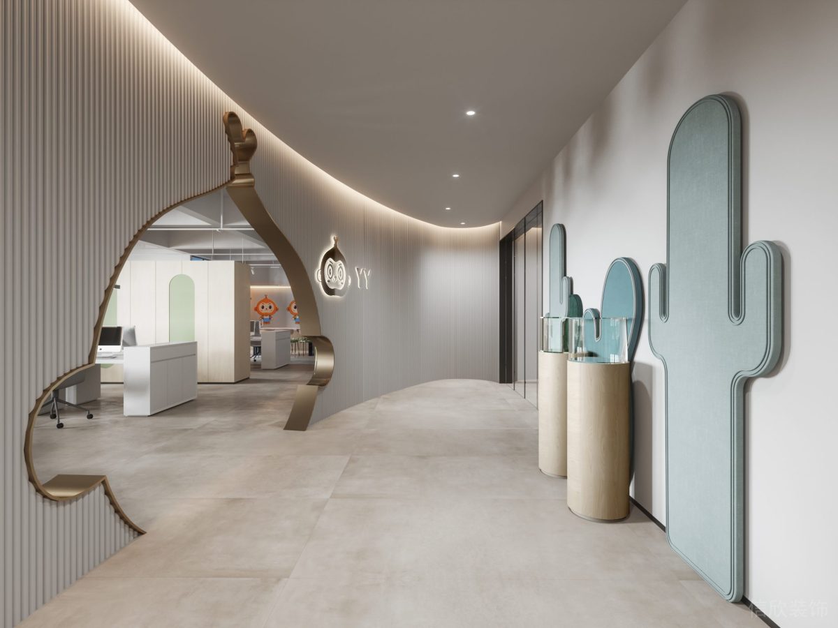 鎏金工藝門框效果直線式墻體設(shè)計(jì)軟包綠色效果辦公室過道