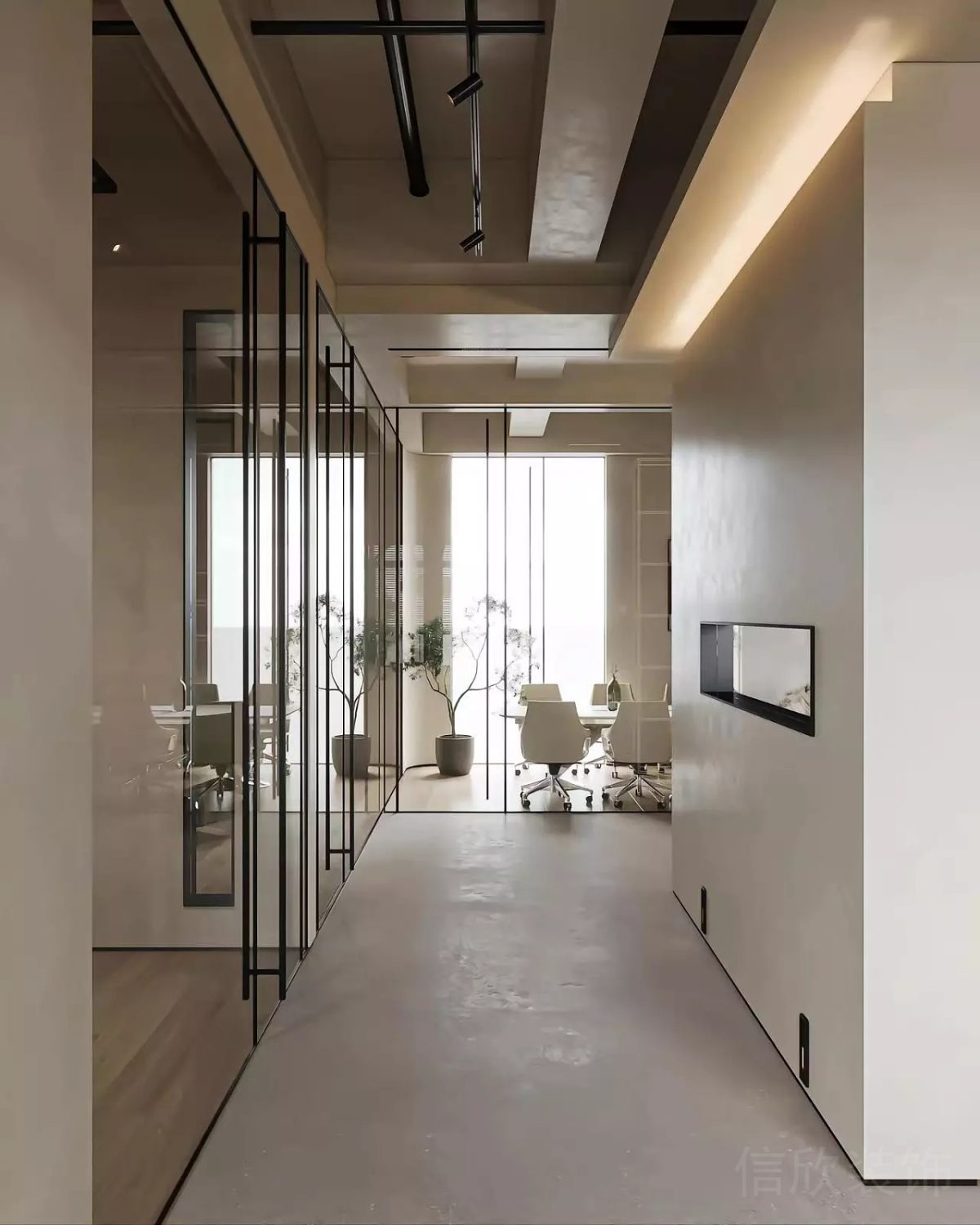 鏤空玻璃隔斷效果天花黑色·射燈裝修玻璃裝修木質(zhì)地板pvc地板裝修圖