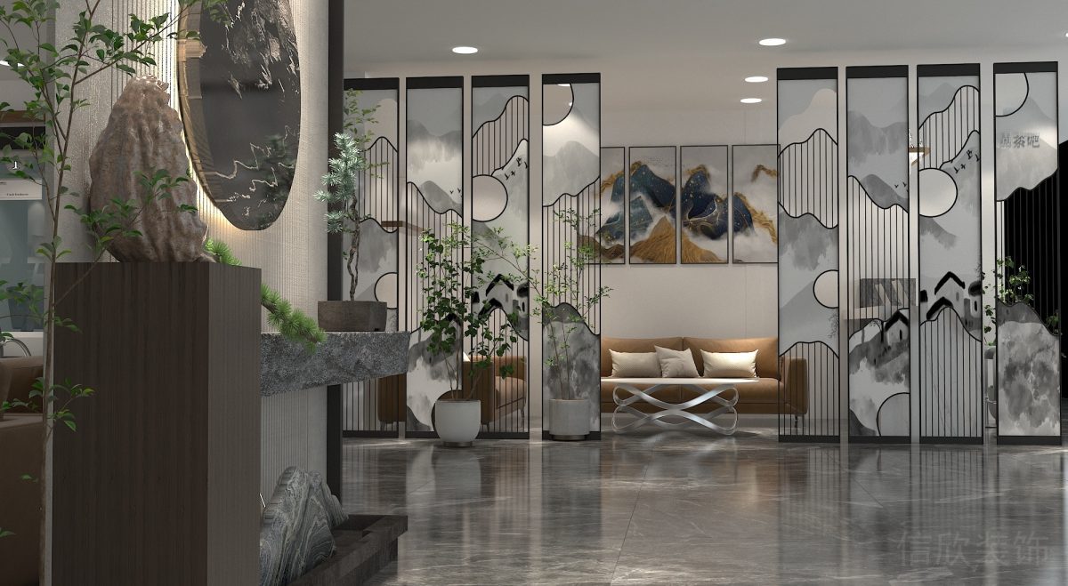 鏤空水墨畫(huà)設(shè)計(jì)墻體隔斷設(shè)計(jì)黑色金屬邊框過(guò)道屏風(fēng)裝修