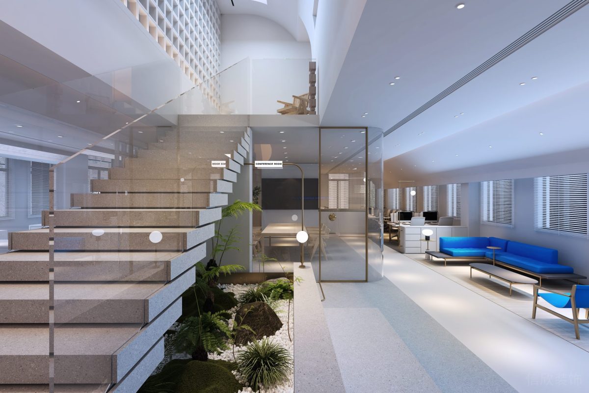 藍色l形沙發(fā)設計辦公室大廳過道綠化設計水磨石地板辦公室