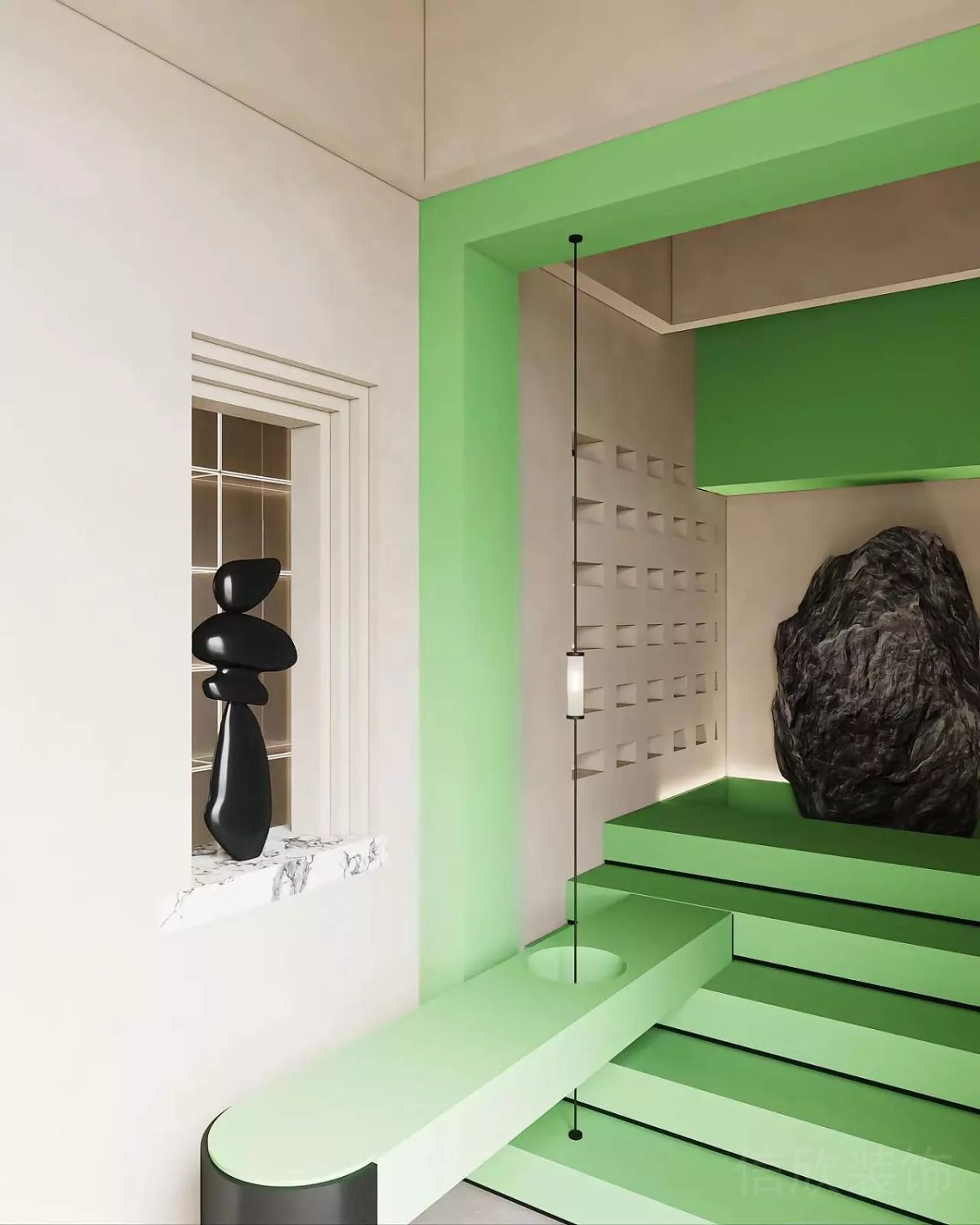 綠色設(shè)計(jì)辦公室裝修藝術(shù)感石膏線設(shè)計(jì)窗戶鏤空墻體階梯式過道休息區(qū)裝修