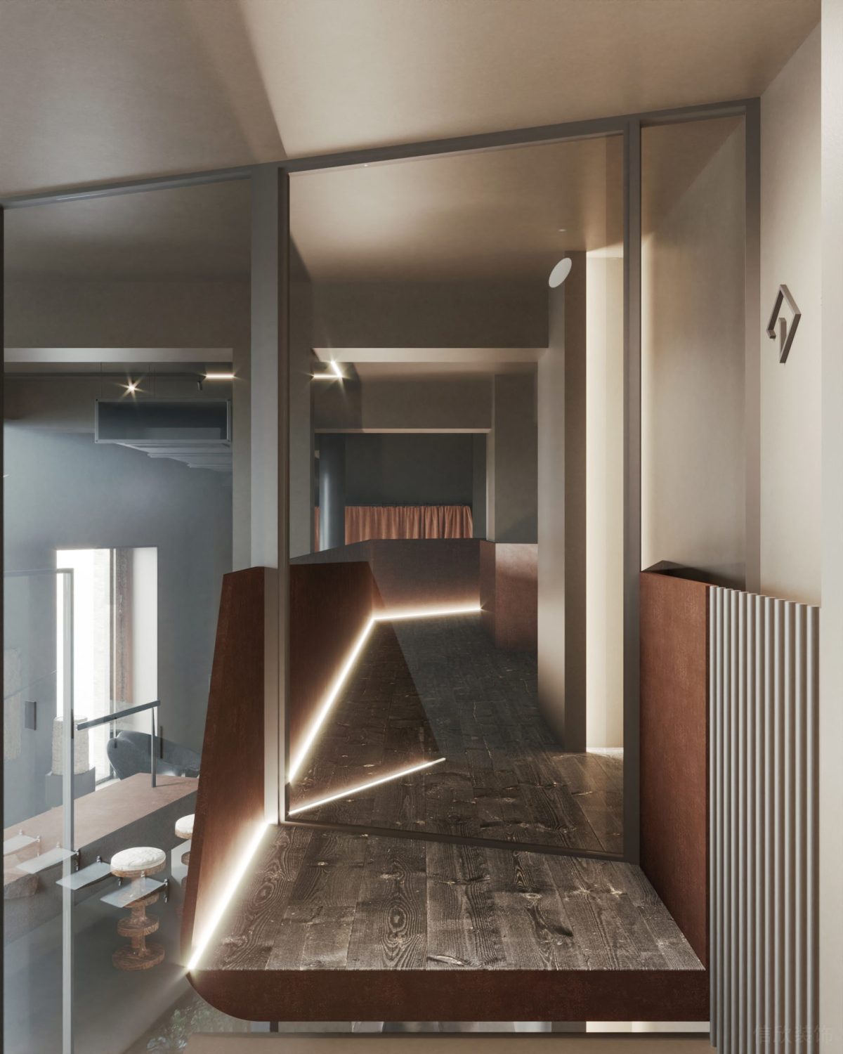 木飾面裝修直線式內(nèi)嵌燈帶效果金屬過(guò)道墻柱設(shè)計(jì)裝修鏤空墻體效果