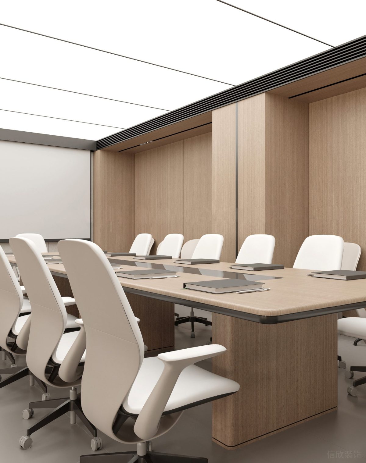 木飾面直線長桌設計天花可調節(jié)燈飾效果辦公室裝修圖