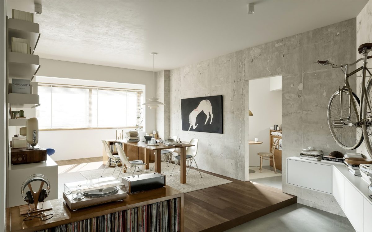 木質(zhì)地臺效果裸露墻體灰色工業(yè)風(fēng)設(shè)計客廳裝修圖