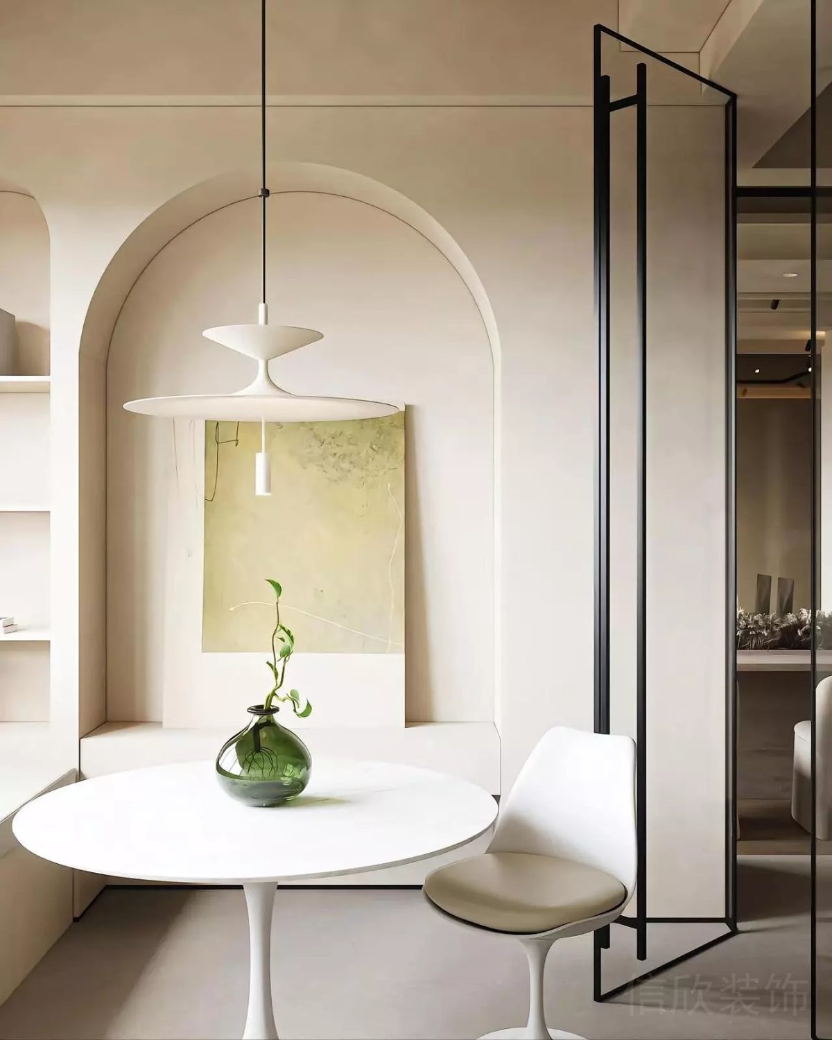 內(nèi)嵌式拱形墻體設(shè)計(jì)效果休息區(qū)辦公室裝修效果白色簡約風(fēng)設(shè)計(jì)圖