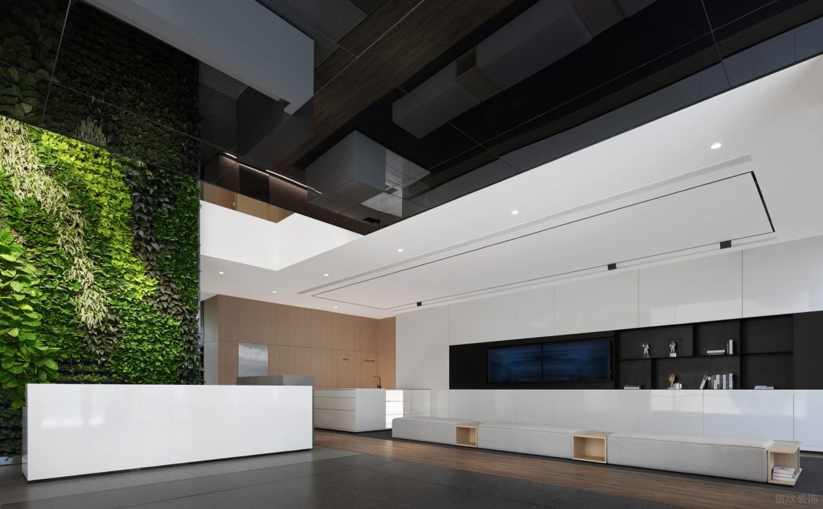 內(nèi)嵌式綠植墻壁設計鏡面天花板裝修辦公室半開放式前臺設計