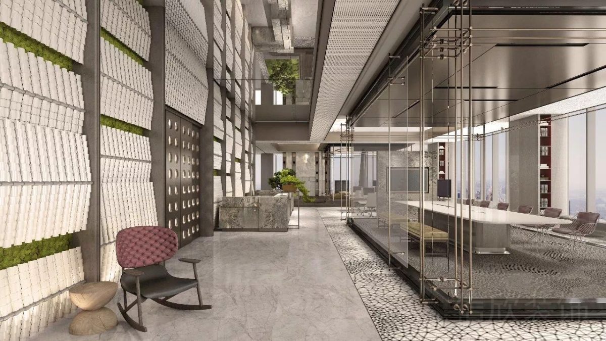 輕奢風(fēng)辦公室裝修過(guò)道瓷磚墻體設(shè)計(jì)效果金色扶手設(shè)計(jì)