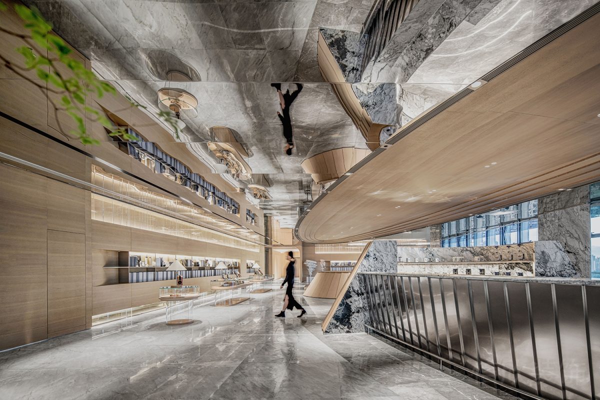 輕奢風(fēng)辦公室裝修灰色調(diào)墻體設(shè)計(jì)圓形效果金屬裝修過(guò)道鏡面地板