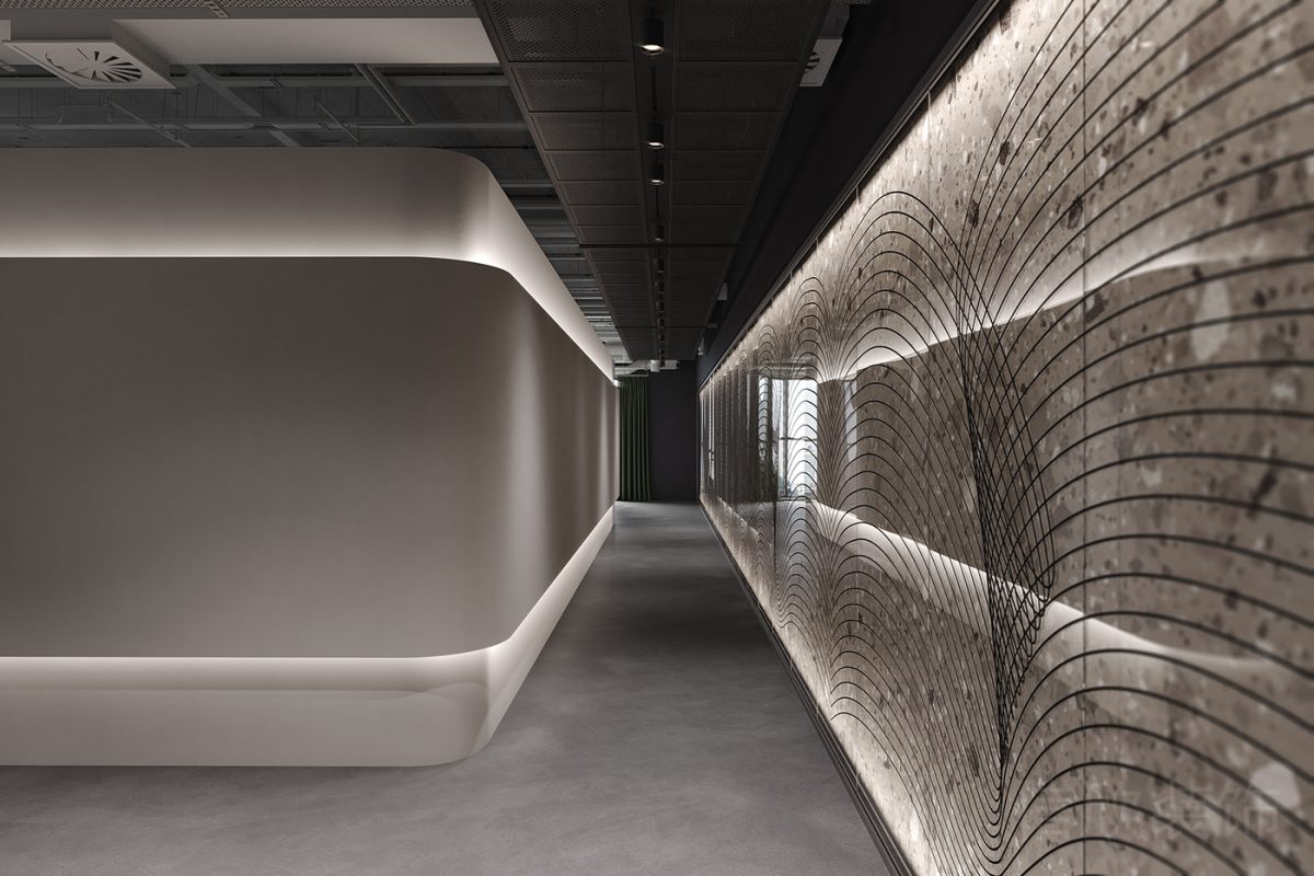 輕奢風(fēng)環(huán)形直線式走廊金屬辦公室效果pvc地板幾何黑色線條裝修圖