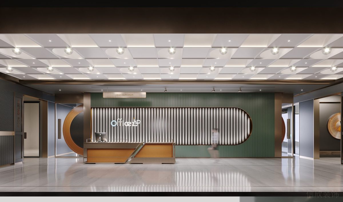 前臺區(qū)橙綠撞色條紋背景布裝修辦公室設計瓷磚過道效果