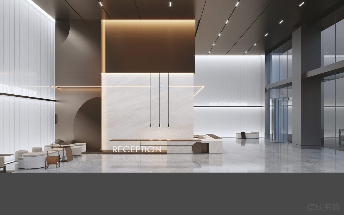 前臺區(qū)瓷磚設計裝修金屬大理石設計效果墻體隔斷效果