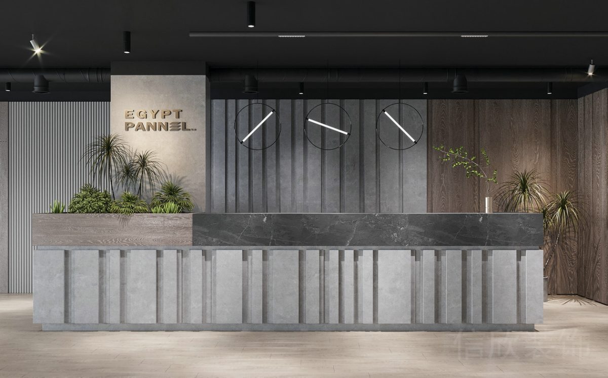 前臺區(qū)大理石座椅木質(zhì)效果現(xiàn)代工業(yè)風辦公室大廳設計