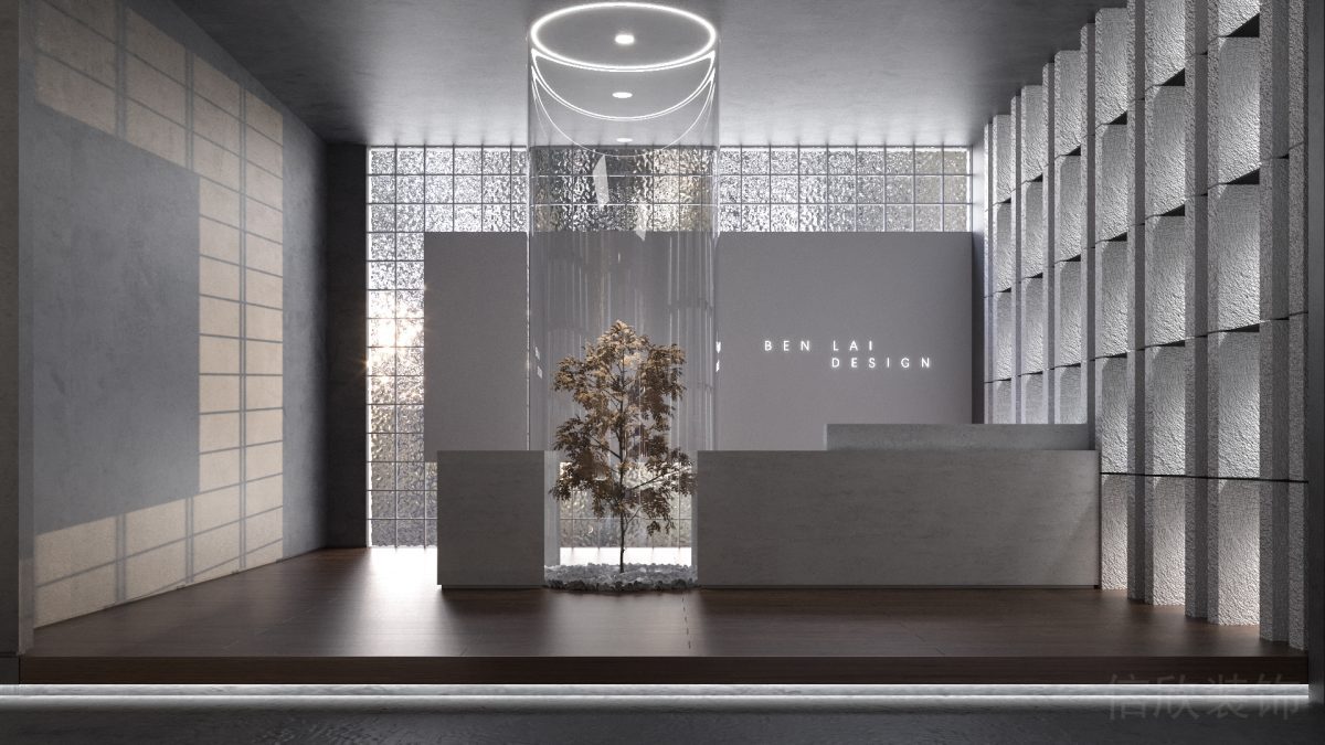 前臺區(qū)輕奢風設計玻璃隔斷天花圓形燈飾效果地臺木制效果