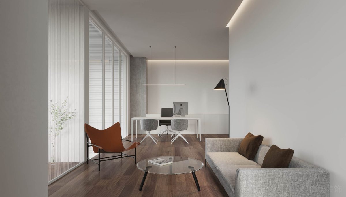 洽談室裝修設(shè)計(jì)灰色調(diào)座椅布藝沙發(fā)白色辦公室設(shè)計(jì)