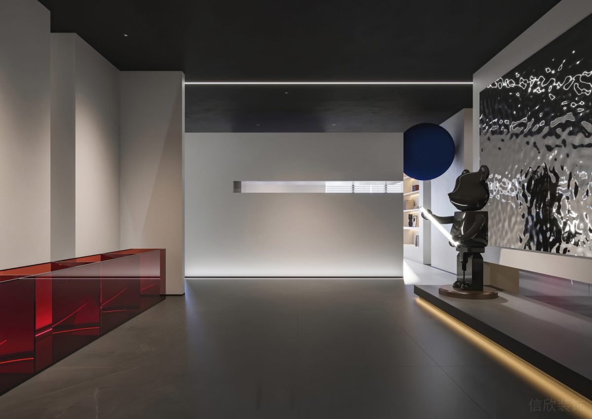 人物玩偶藝術品裝修內(nèi)嵌式地板燈條設計辦公室大廳設計效果圖