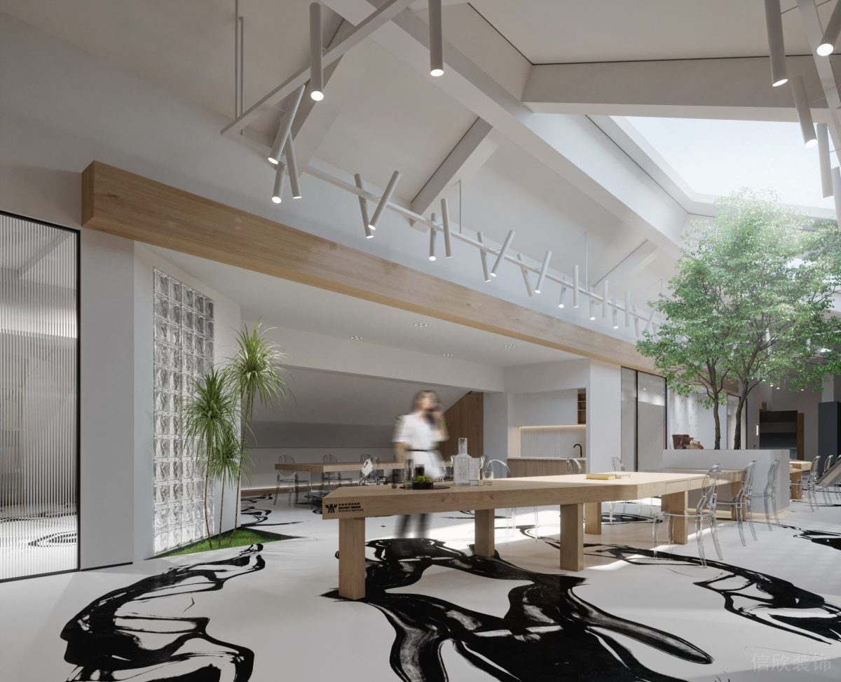 射燈白色天花設(shè)計黑白色調(diào)地板瓷磚效果辦公室過道會議室裝修