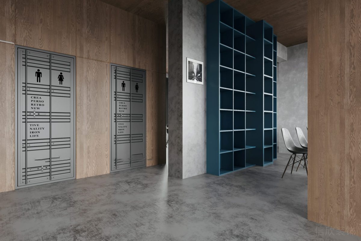 書柜藍(lán)色效果格子多功能儲(chǔ)物柜灰色調(diào)地板裝修辦公室