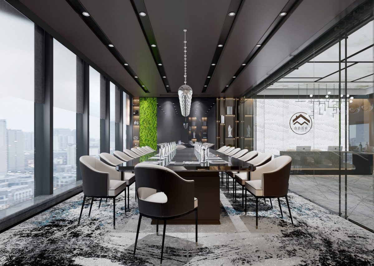 水磨石地板中國(guó)畫(huà)效果會(huì)議室設(shè)計(jì)玻璃隔斷裝修天花水晶吊頂