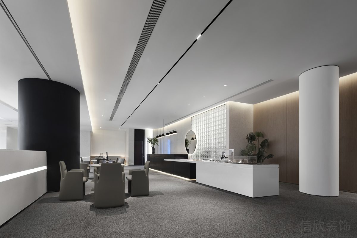 水磨石地板裝修設計白色直線式前臺區(qū)墻柱設計白色效果