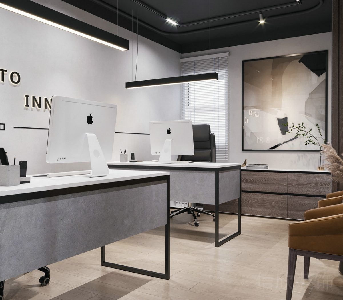 實木設計半墻效果員工工位裝修環(huán)形天花黑色效果圖辦公室