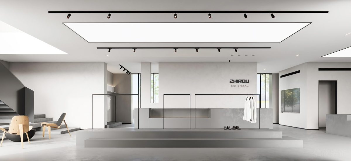 時尚工作室裝修設計大廳過道衣桿懸掛區(qū)域裝修階梯地板裝修射燈黑色天花效果圖