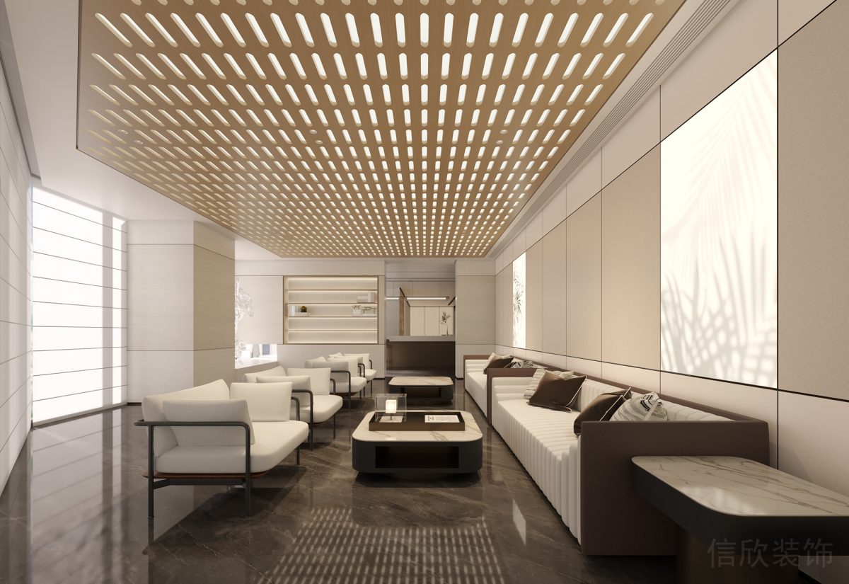 天花鏤空設(shè)計(jì)木質(zhì)效果裝修直線式白色沙發(fā)效果裝修木質(zhì)座椅瓷磚地板辦公室