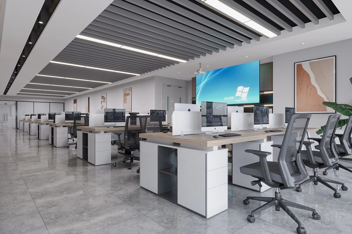 天花鏤空式設(shè)計(jì)裝修工位效果木飾面可調(diào)節(jié)高度裝修辦公室