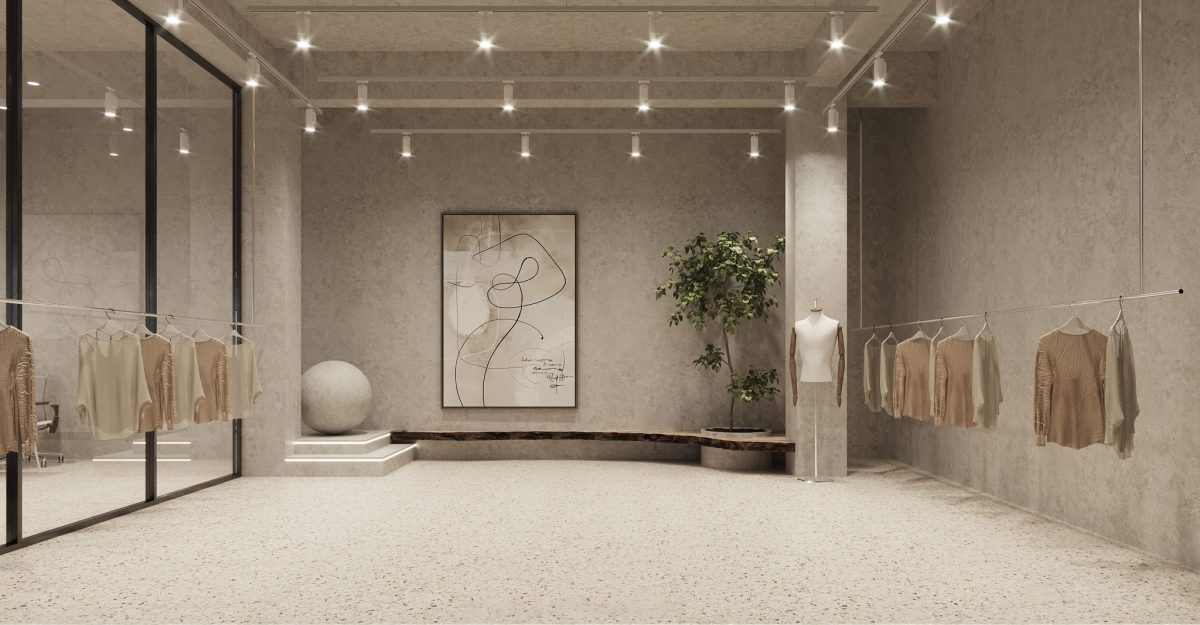 天花射燈效果圖裝修水磨石地板裝修設計辦公室大廳服裝展示區(qū)域