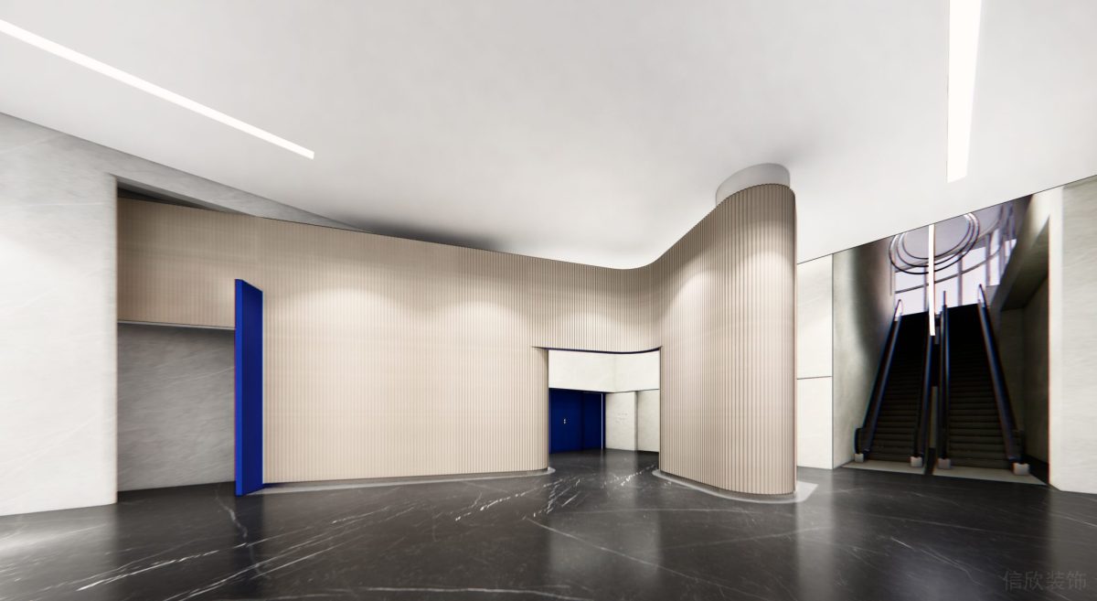 條紋木飾面墻體隔斷辦公室大廳暗色系瓷磚地板現(xiàn)代簡約風裝修設計