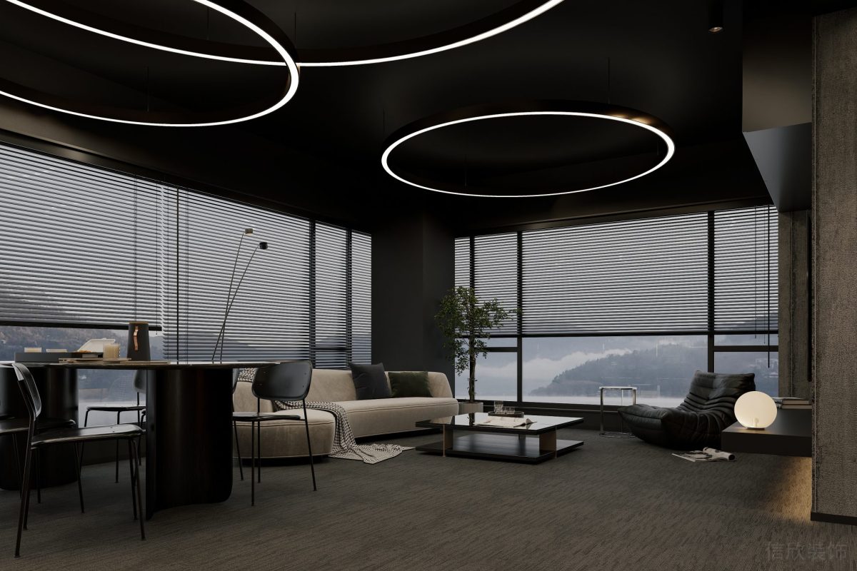 現(xiàn)代辦公室待客區(qū)茶水間設(shè)計(jì)玻璃隔斷效果裝修黑白色調(diào)高級(jí)感裝修