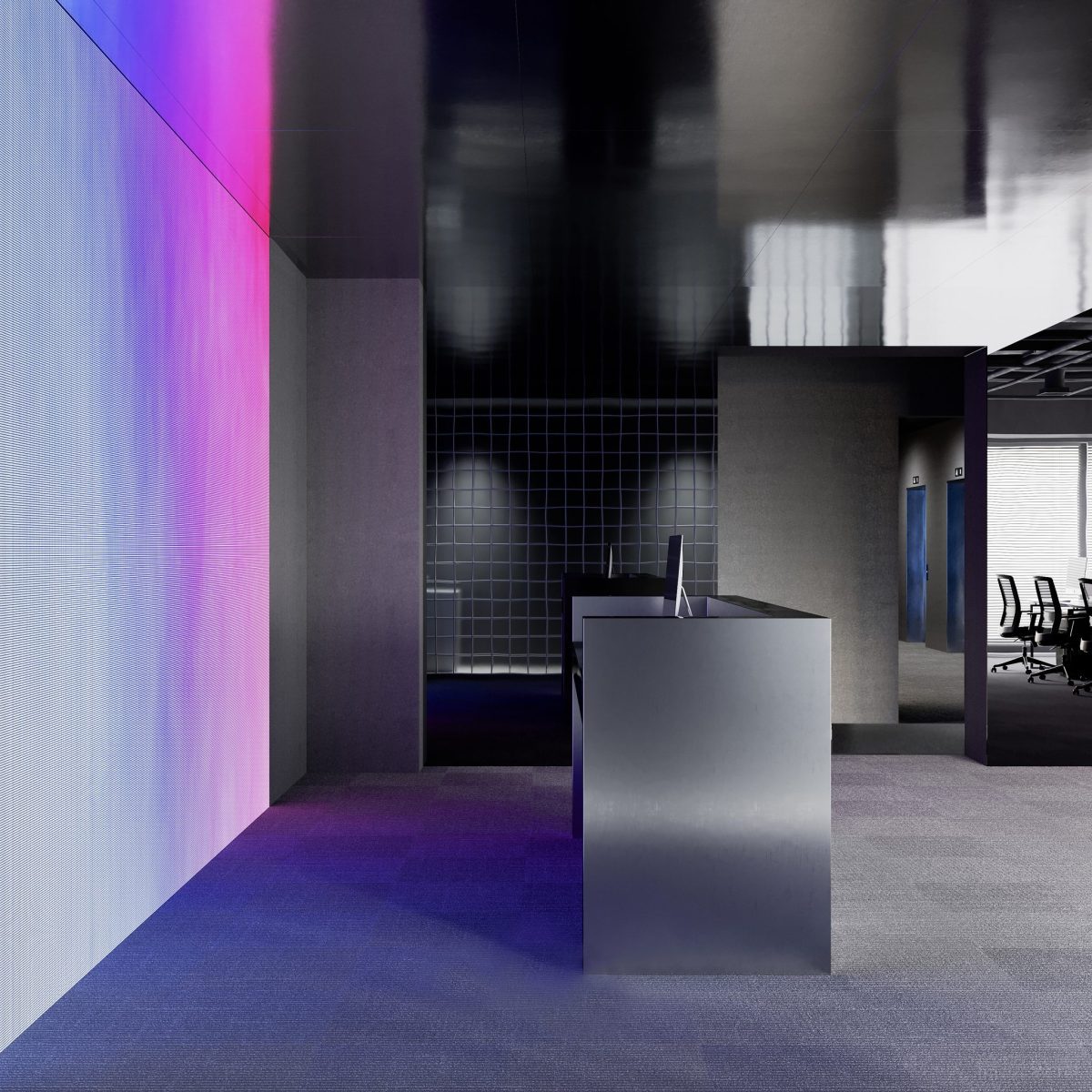 現(xiàn)代辦公室裝修設計前臺區(qū)效果科技屏幕設計灰色金屬接待處中心設計