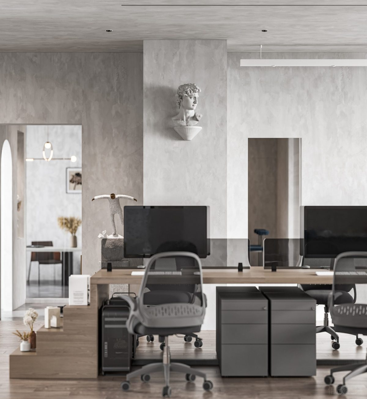 現(xiàn)代工位設(shè)計(jì)辦公室裝修木飾面階梯收納設(shè)計(jì)開(kāi)放式書柜裝修