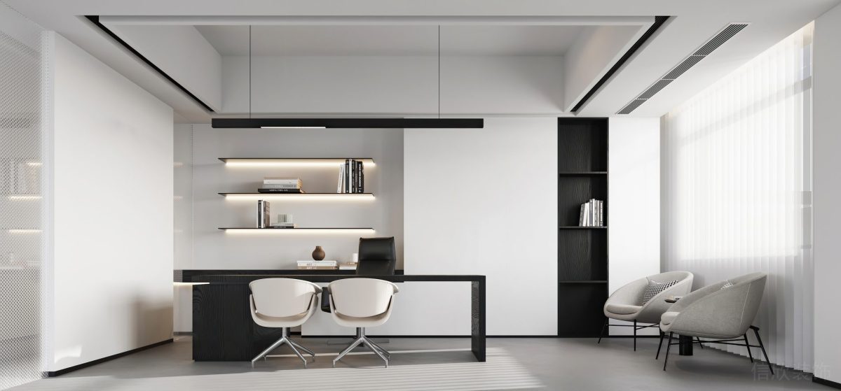 現(xiàn)代極簡(jiǎn)風(fēng)辦公室裝修獨(dú)立辦公間裝修內(nèi)嵌式黑色墻柜效果