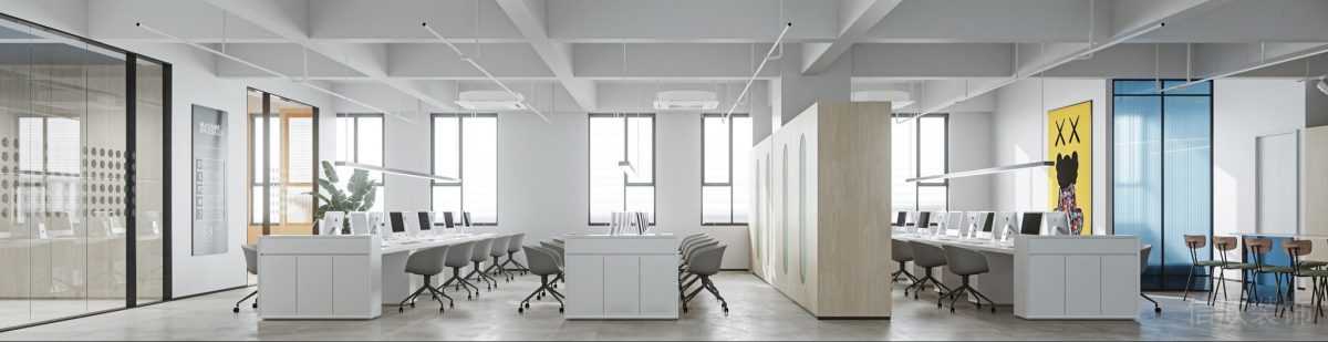 現(xiàn)代簡約風(fēng)辦公室裝修設(shè)計(jì)木飾面墻體隔斷收納柜多人研發(fā)區(qū)域效果