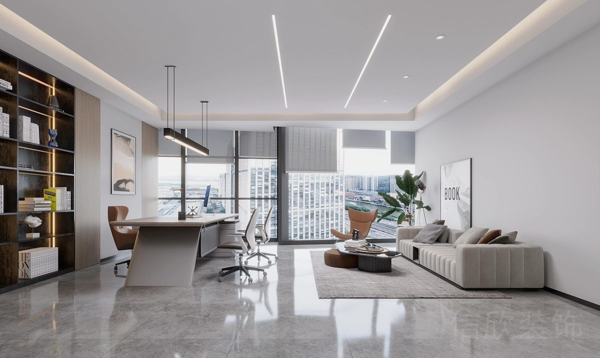 現(xiàn)代簡(jiǎn)約風(fēng)設(shè)計(jì)總監(jiān)辦公室裝修效果布藝沙發(fā)灰色調(diào)效果圖