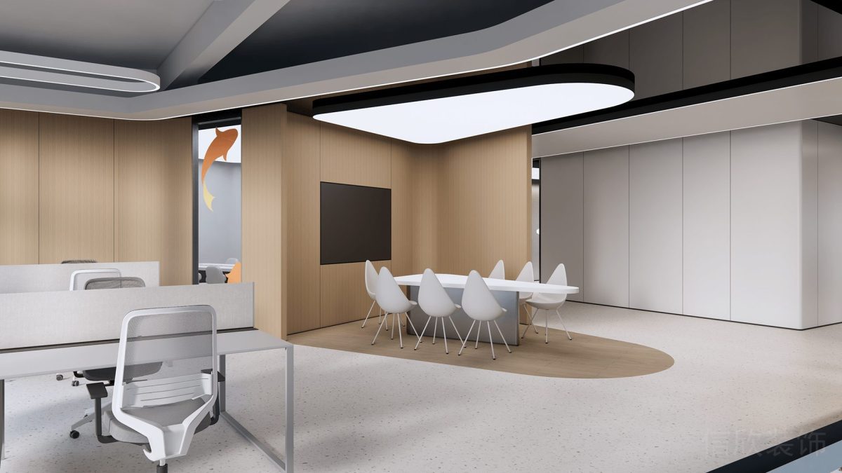 現(xiàn)代簡約風(fēng)原木風(fēng)辦公室裝修開放式會(huì)議室裝修簡約風(fēng)藝術(shù)感白色座椅設(shè)計(jì)