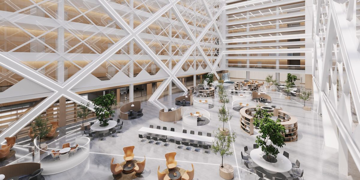 現(xiàn)代簡(jiǎn)約風(fēng)圓形閱讀室設(shè)計(jì)效果白色幾何線條圖書館設(shè)計(jì)