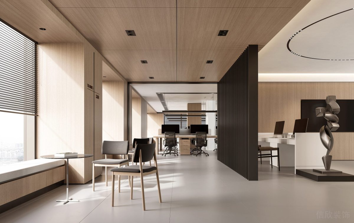 現(xiàn)代商務風辦公室裝修設計過道洽談區(qū)簡約風飄窗設計木質效果