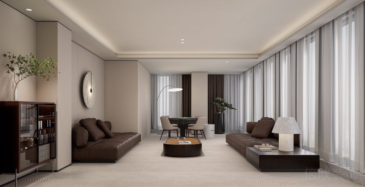 現(xiàn)代商務風棕色皮革沙發(fā)大廳全屋定制設計家裝效果地毯裝修