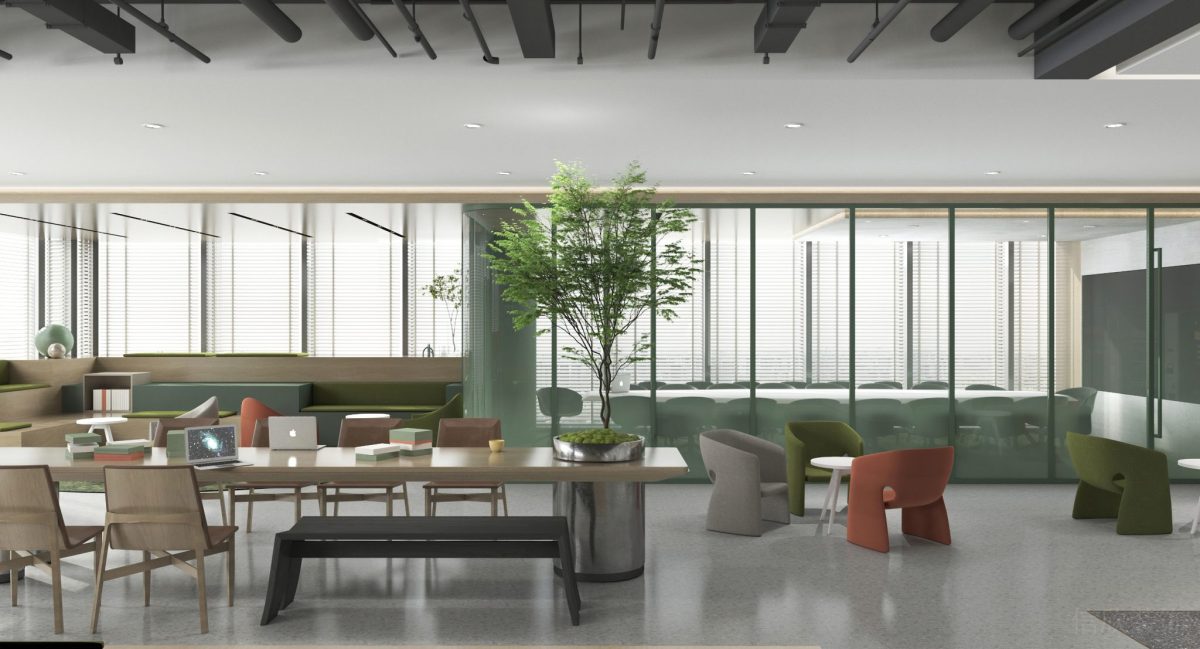 新中式辦公室裝修直線(xiàn)木制長(zhǎng)桌效果綠色條紋隔斷效果