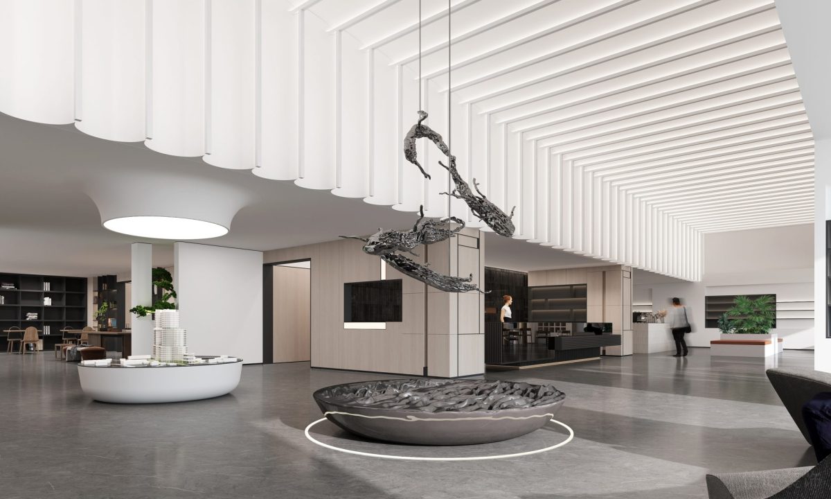 新中式風(fēng)格辦公室裝修圓形微景觀裝修白色天花設(shè)計效果辦公室裝修圖