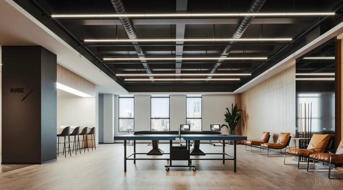 員工休息區(qū)裝修設(shè)計(jì)工業(yè)風(fēng)辦公室裝修皮革沙發(fā)休息區(qū)木飾面地板效果