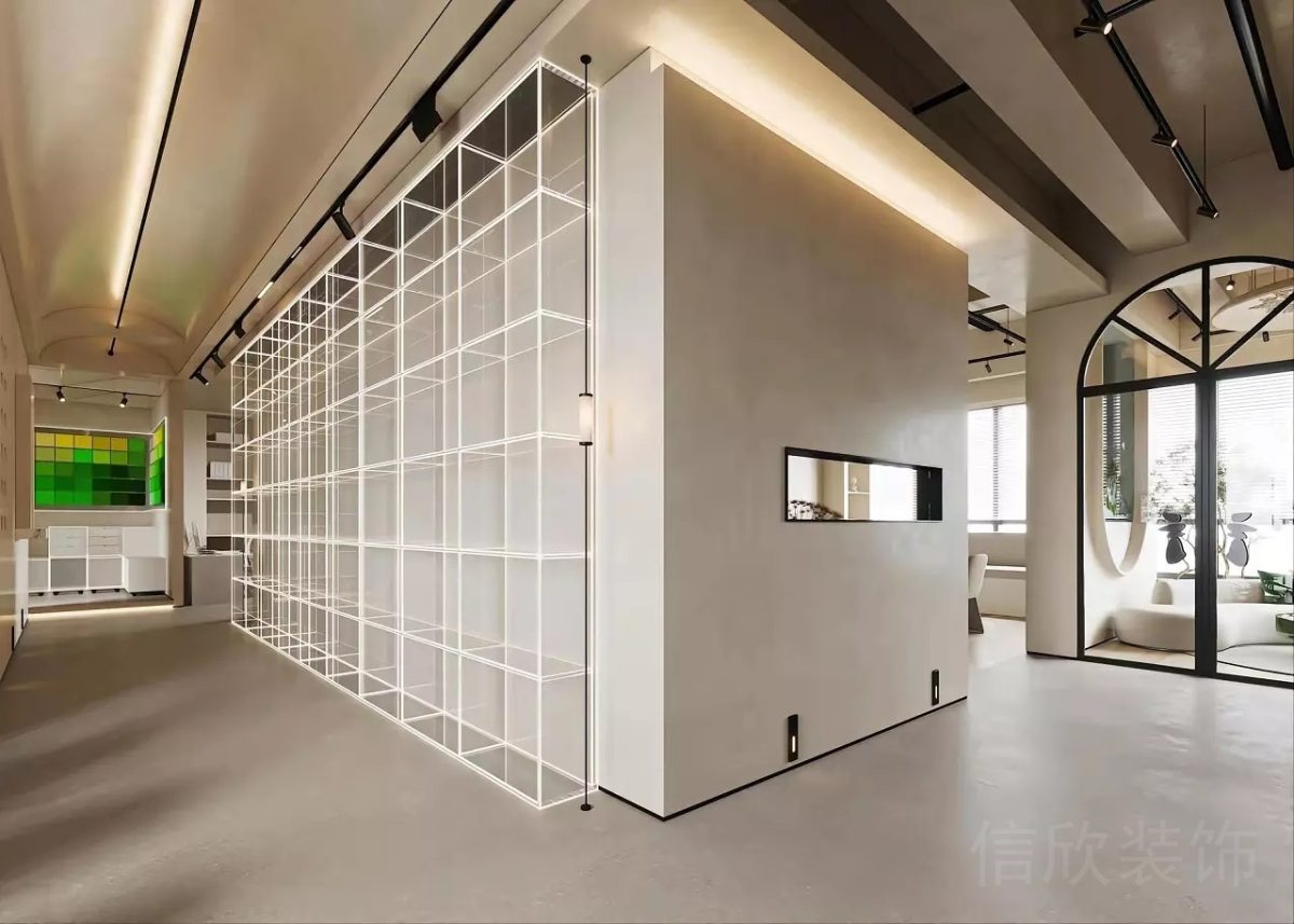 亞克力透色設(shè)計格子柜效果多功能墻柜白色過道辦公室裝修