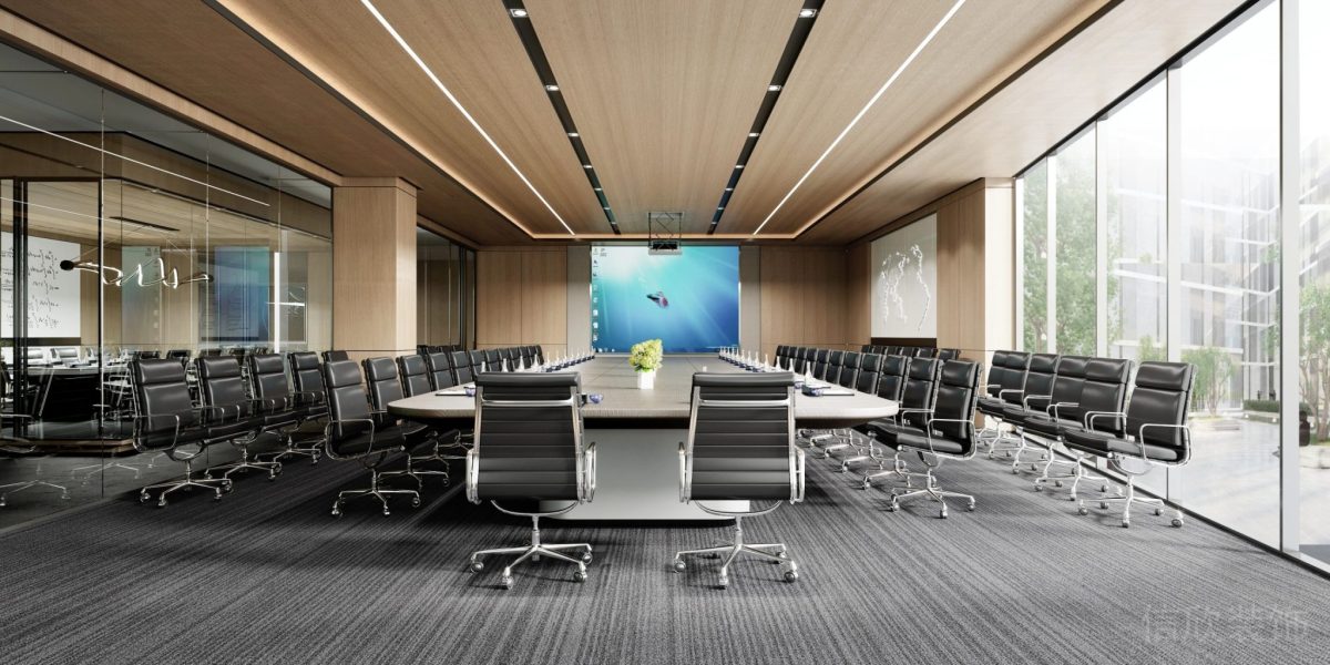 原木風(fēng)會議室裝修直線式圓角玻璃長桌效果