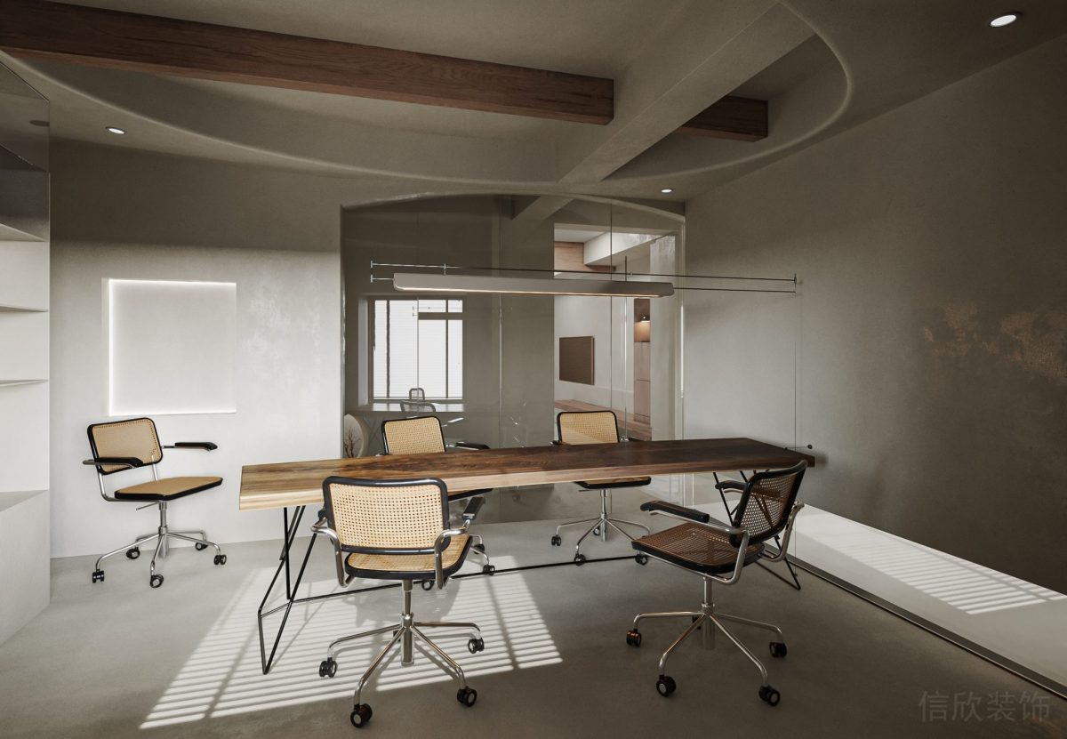 原木極簡風(fēng)商務(wù)風(fēng)桌椅設(shè)計(jì)灰色墻壁天花板裝修辦公室會(huì)議室裝修效果圖